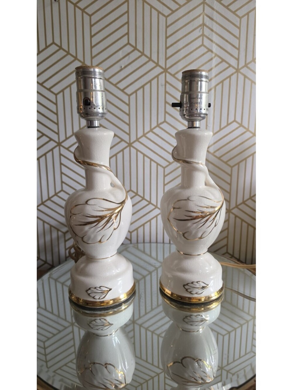 Vintage Pair Petite Ceramic & Gold Leaf Accent Lamps